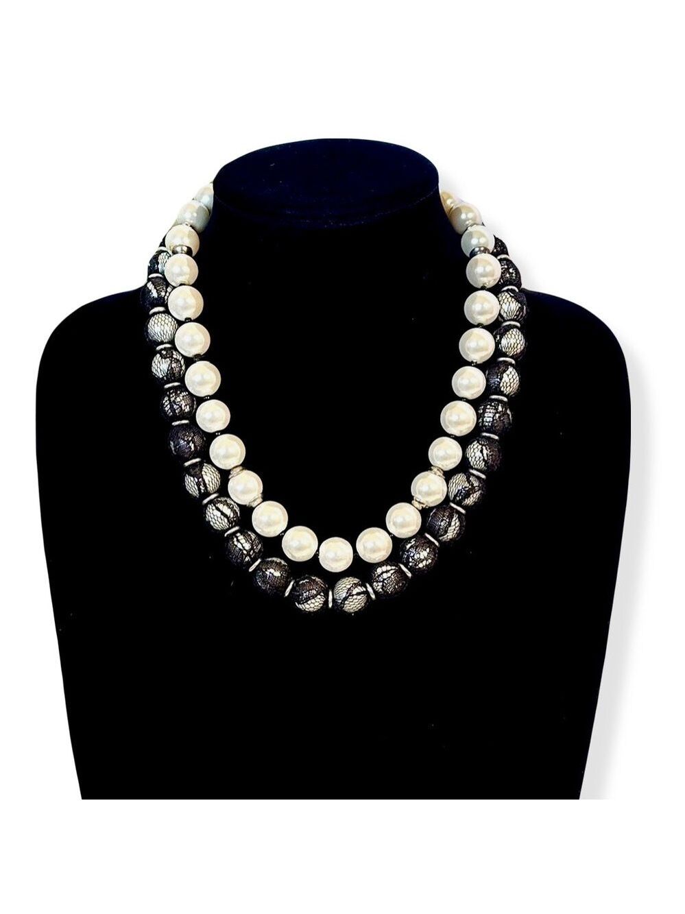 WHBM **2 necklaces in 1** Long Black Lace Wrapped Pearl Necklace - Picture 3 of 16